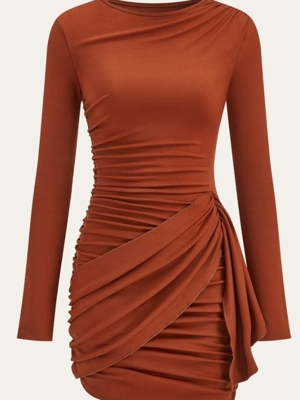 Commense Rust Draped Ruched Long-Sleeve Mini Dress